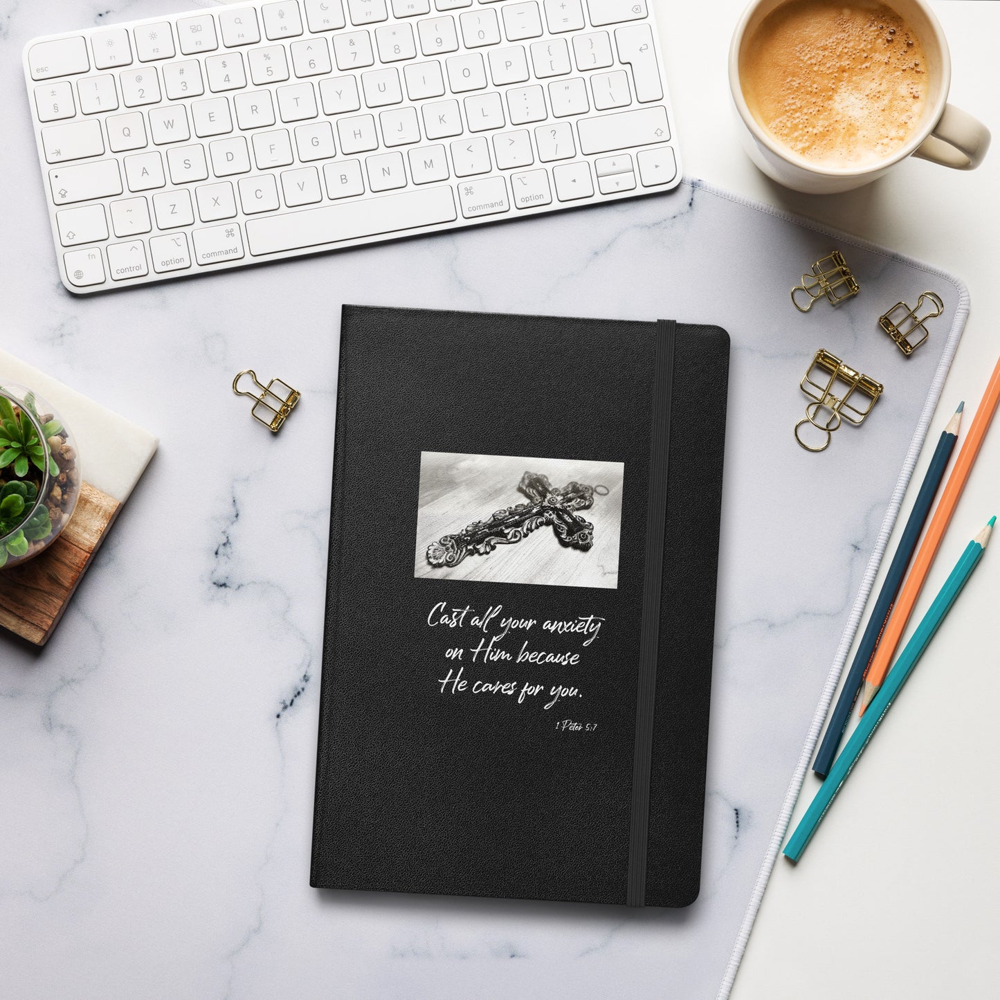 Biblical Quote 'Cast all your anxiety' on Hardcover bound notebook