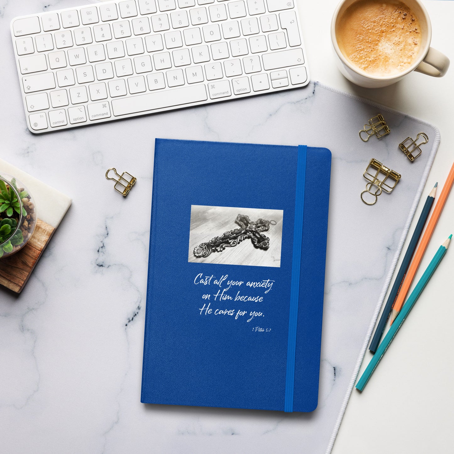 Biblical Quote 'Cast all your anxiety' on Hardcover bound notebook