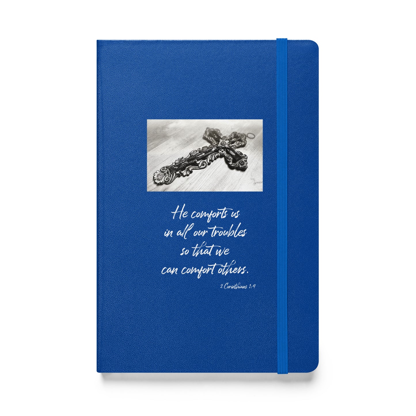 Biblical Quote 'He comforts us' on Hardcover bound notebook