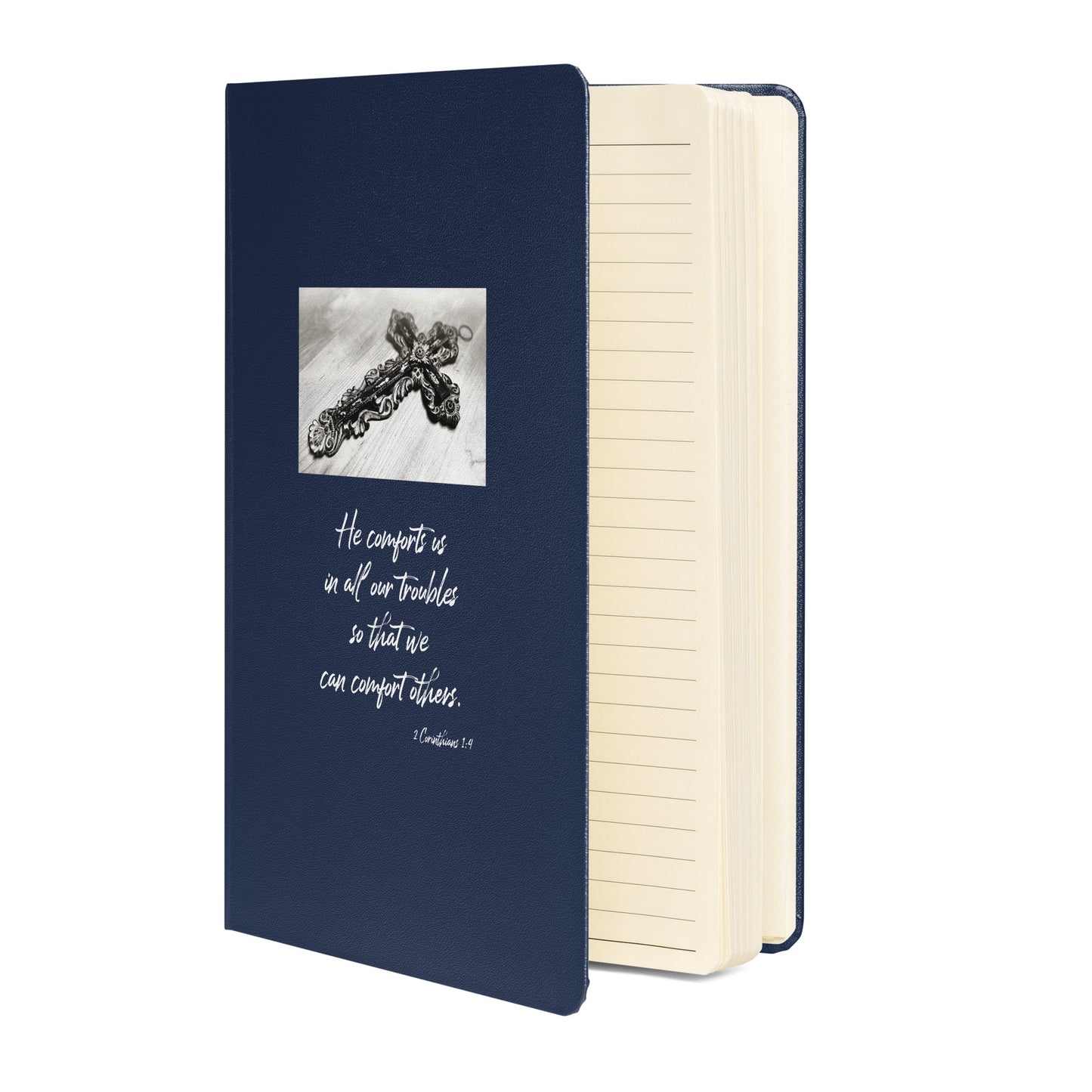 Biblical Quote 'He comforts us' on Hardcover bound notebook