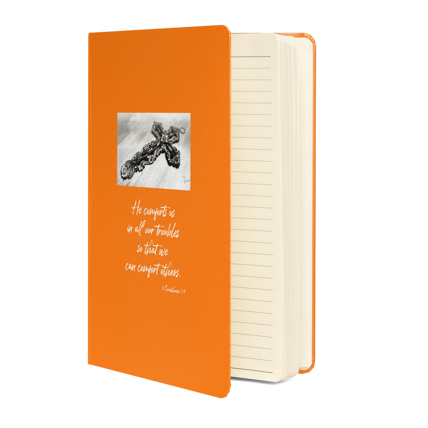 Biblical Quote 'He comforts us' on Hardcover bound notebook