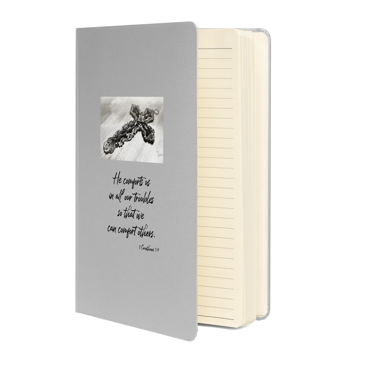 Biblical Quote 'He comforts us' on Hardcover bound notebook