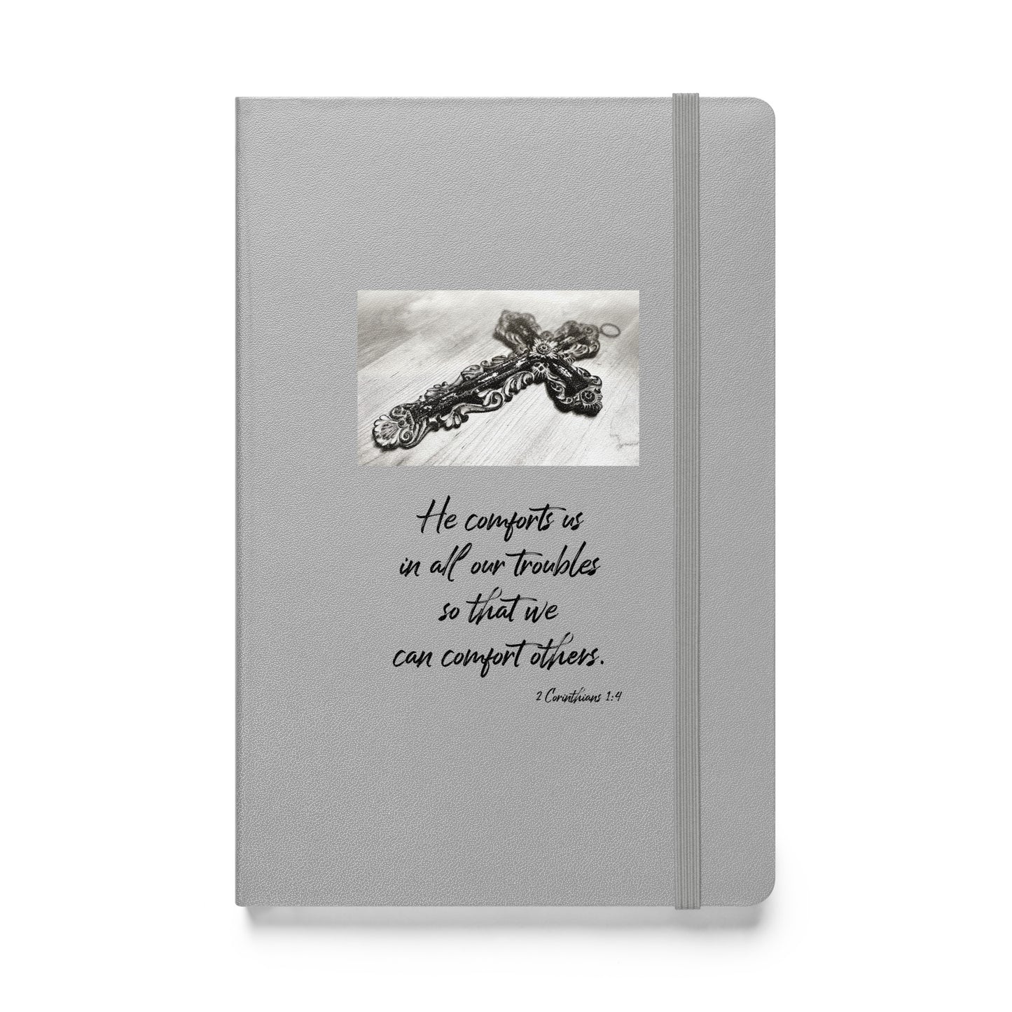 Biblical Quote 'He comforts us' on Hardcover bound notebook