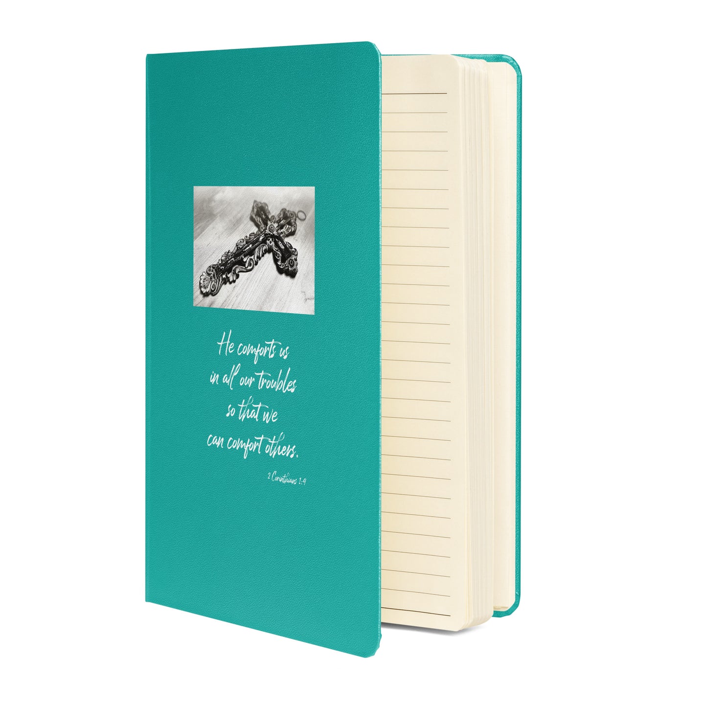 Biblical Quote 'He comforts us' on Hardcover bound notebook