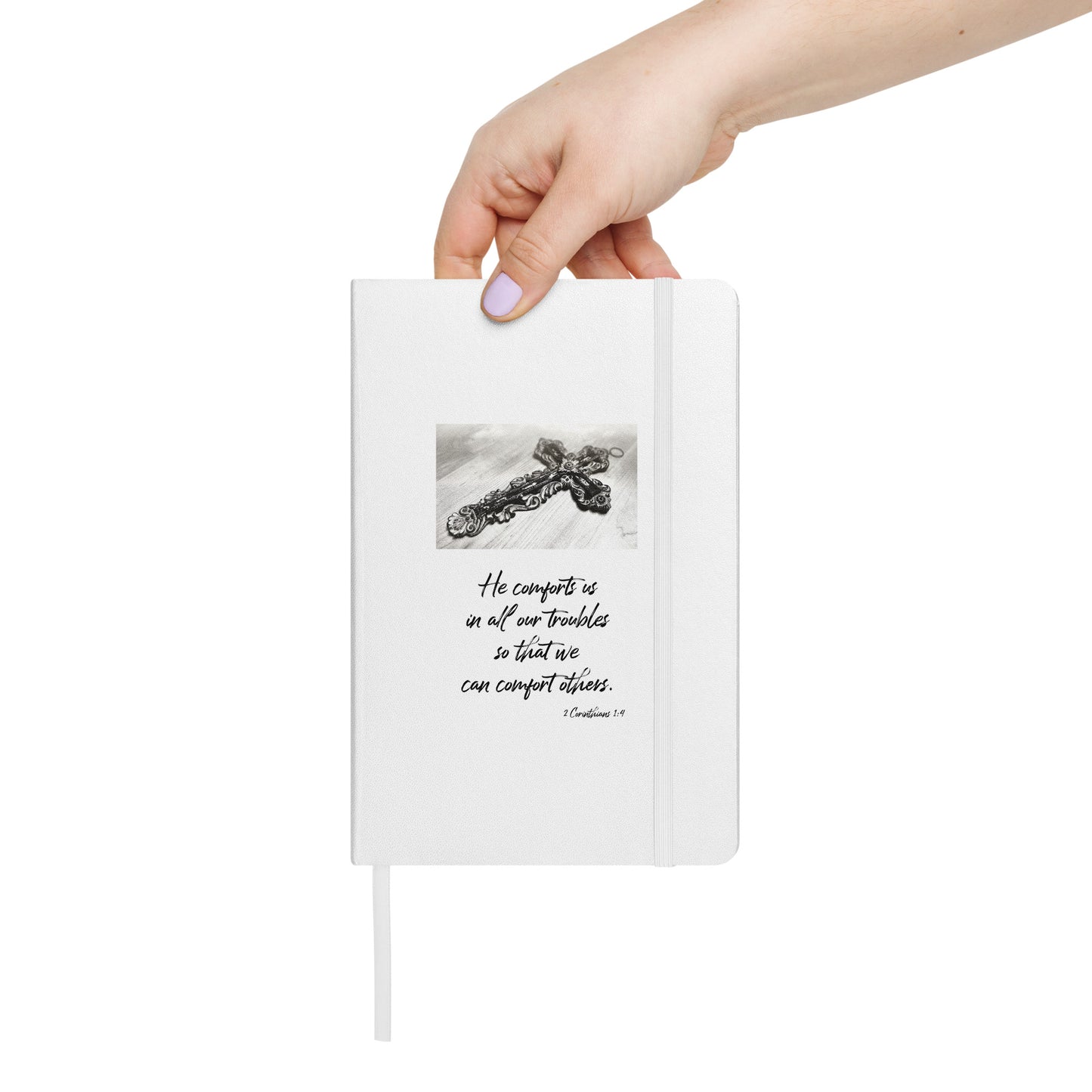 Biblical Quote 'He comforts us' on Hardcover bound notebook