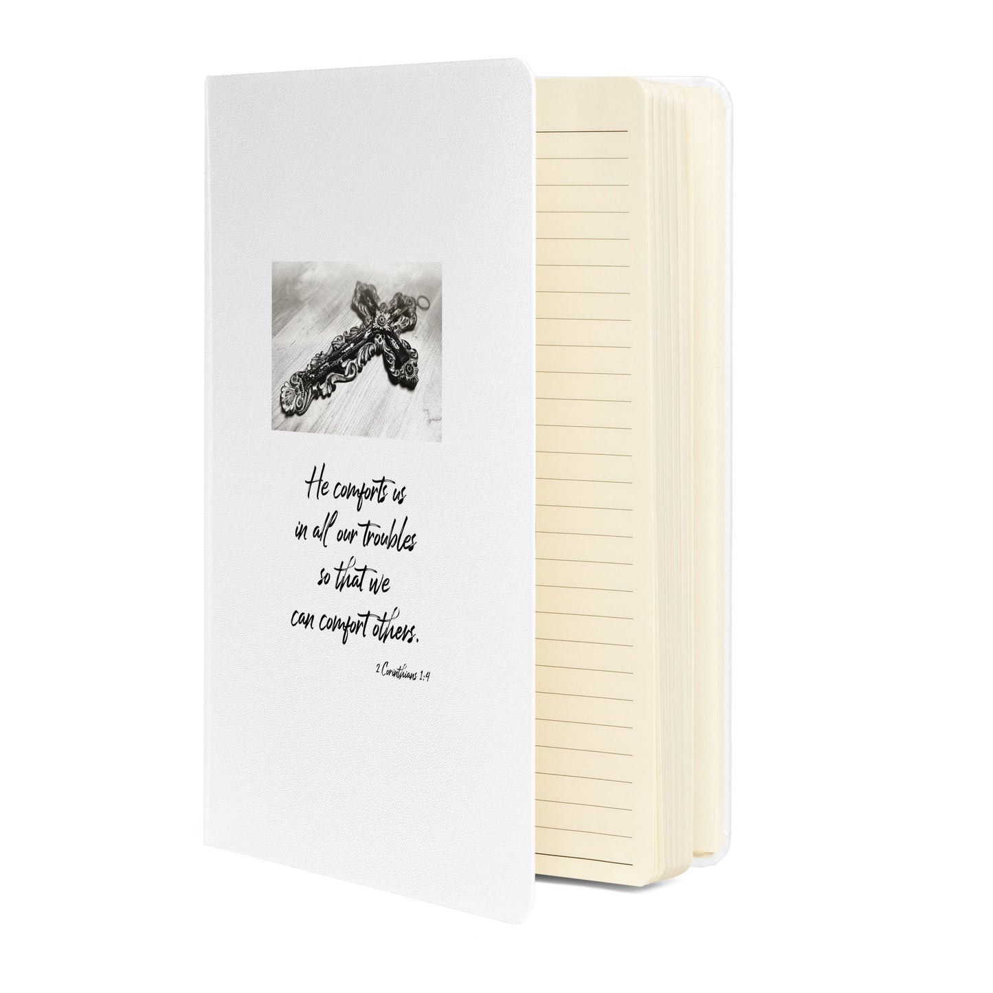 Biblical Quote 'He comforts us' on Hardcover bound notebook