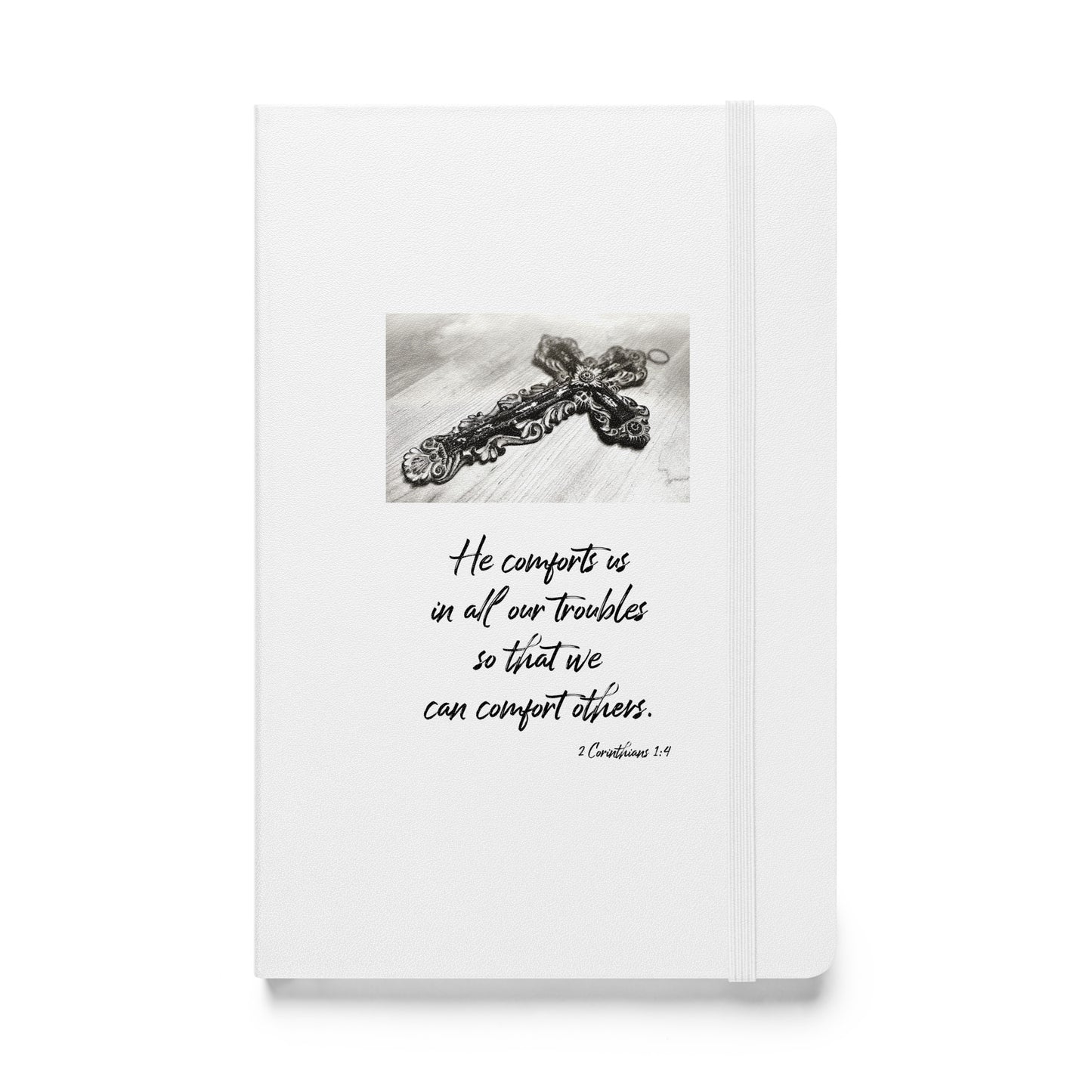 Biblical Quote 'He comforts us' on Hardcover bound notebook